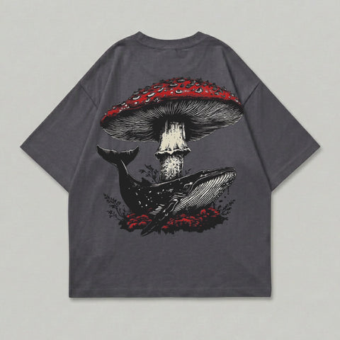 Gray t-shirt with a whale beneath a red mushroom and red foliage graphic.