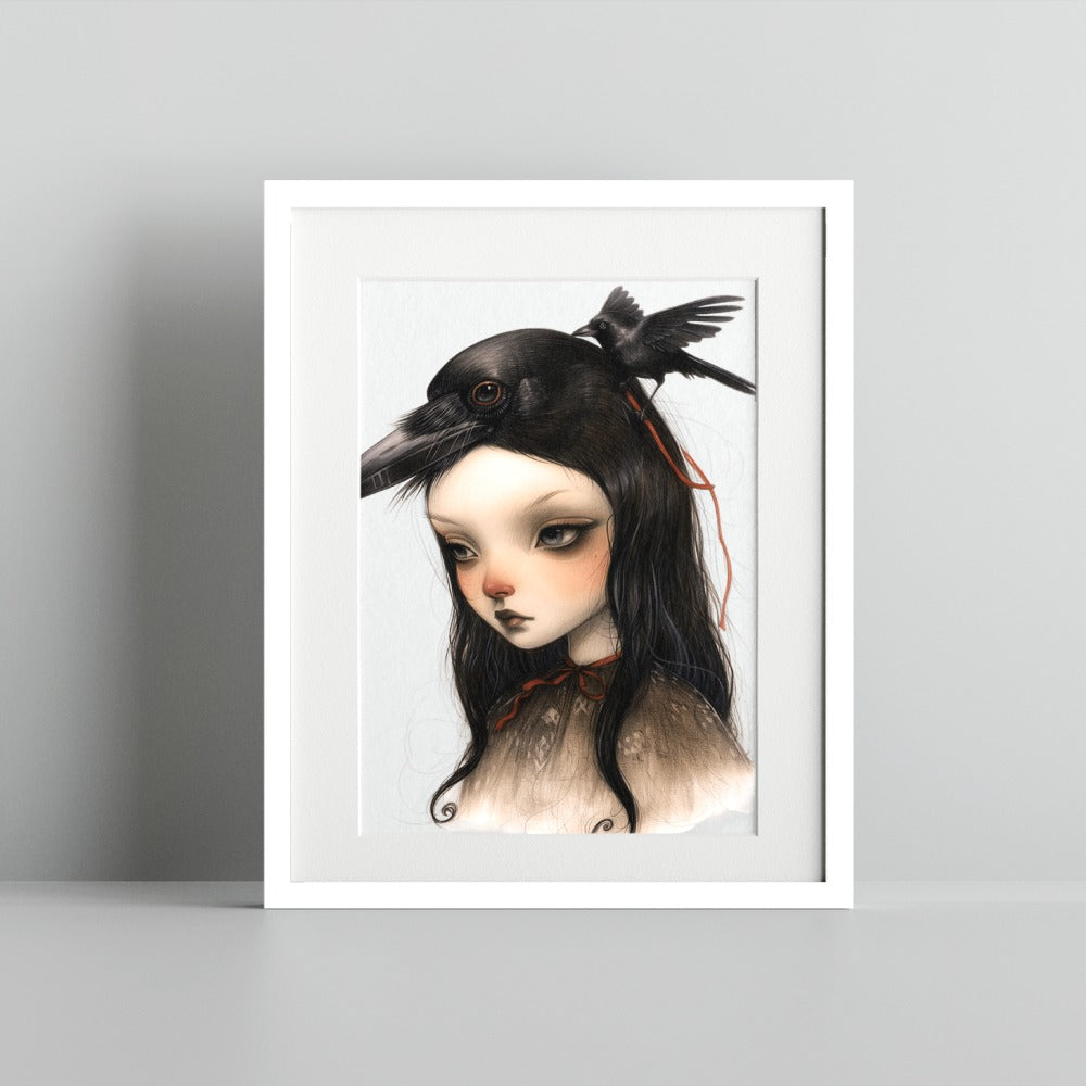 Mysterious Girl with Raven Illustration Art Print
