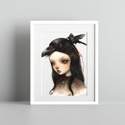 Mysterious Girl with Raven Illustration Art Print