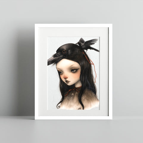 Mysterious Girl with Raven Illustration Art Print