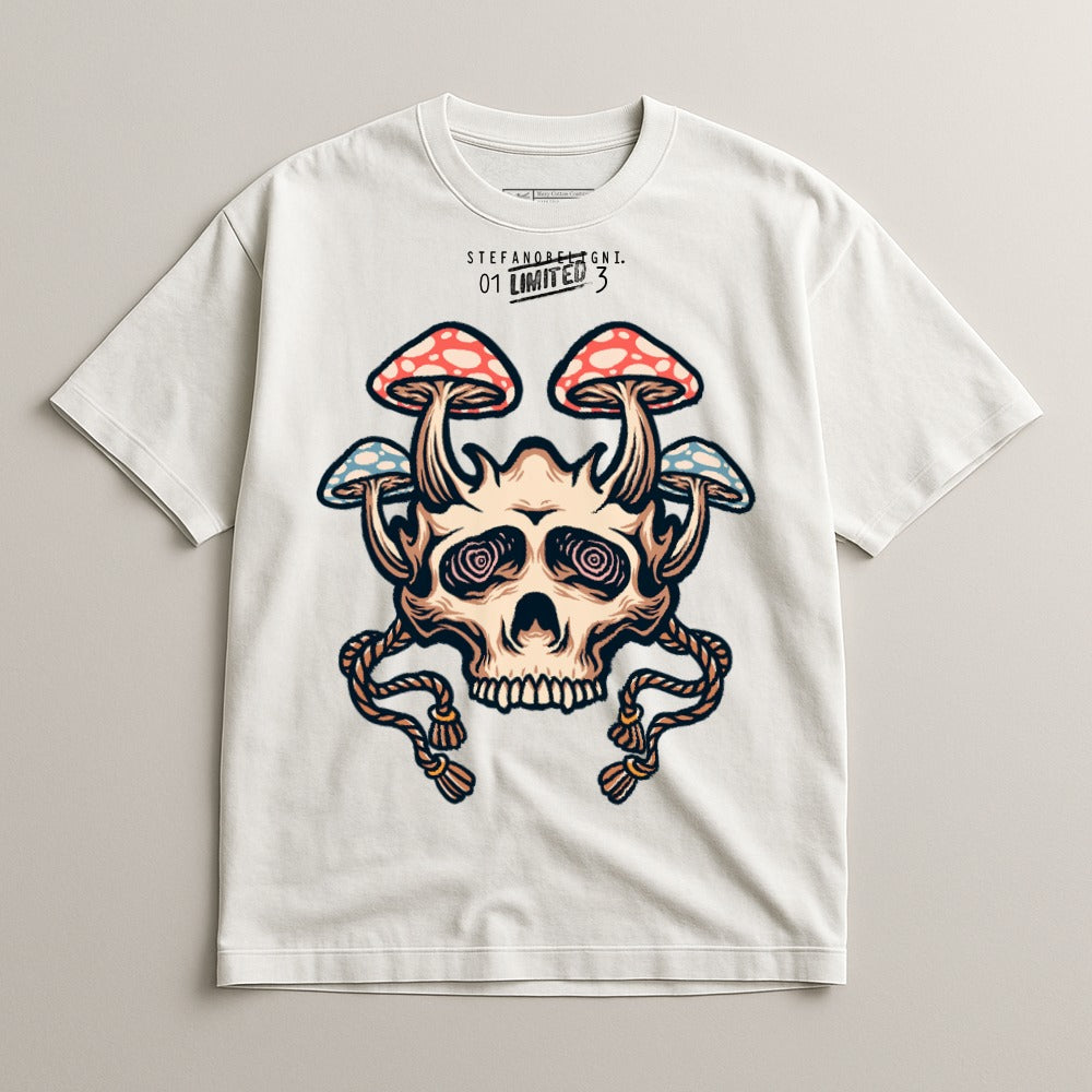 Trippy Skull with Mushrooms Design Graphic Tee