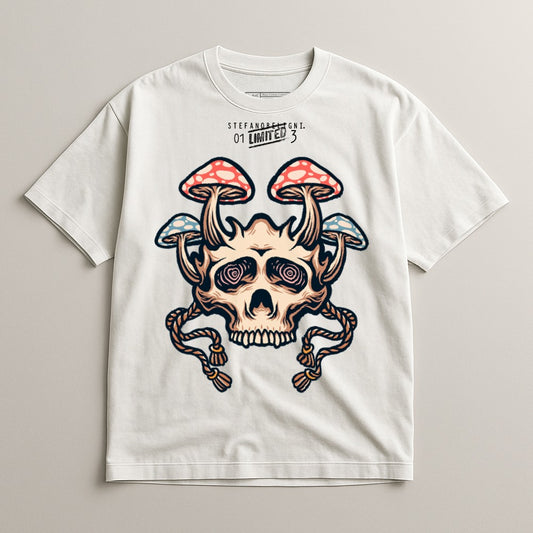 Trippy Skull with Mushrooms Design Graphic Tee
