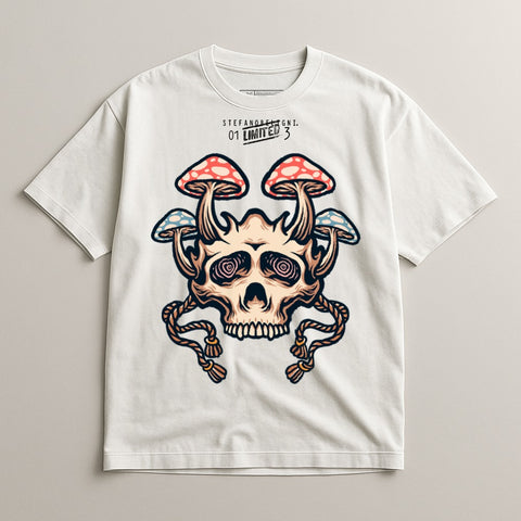 Trippy Skull with Mushrooms Design Graphic Tee