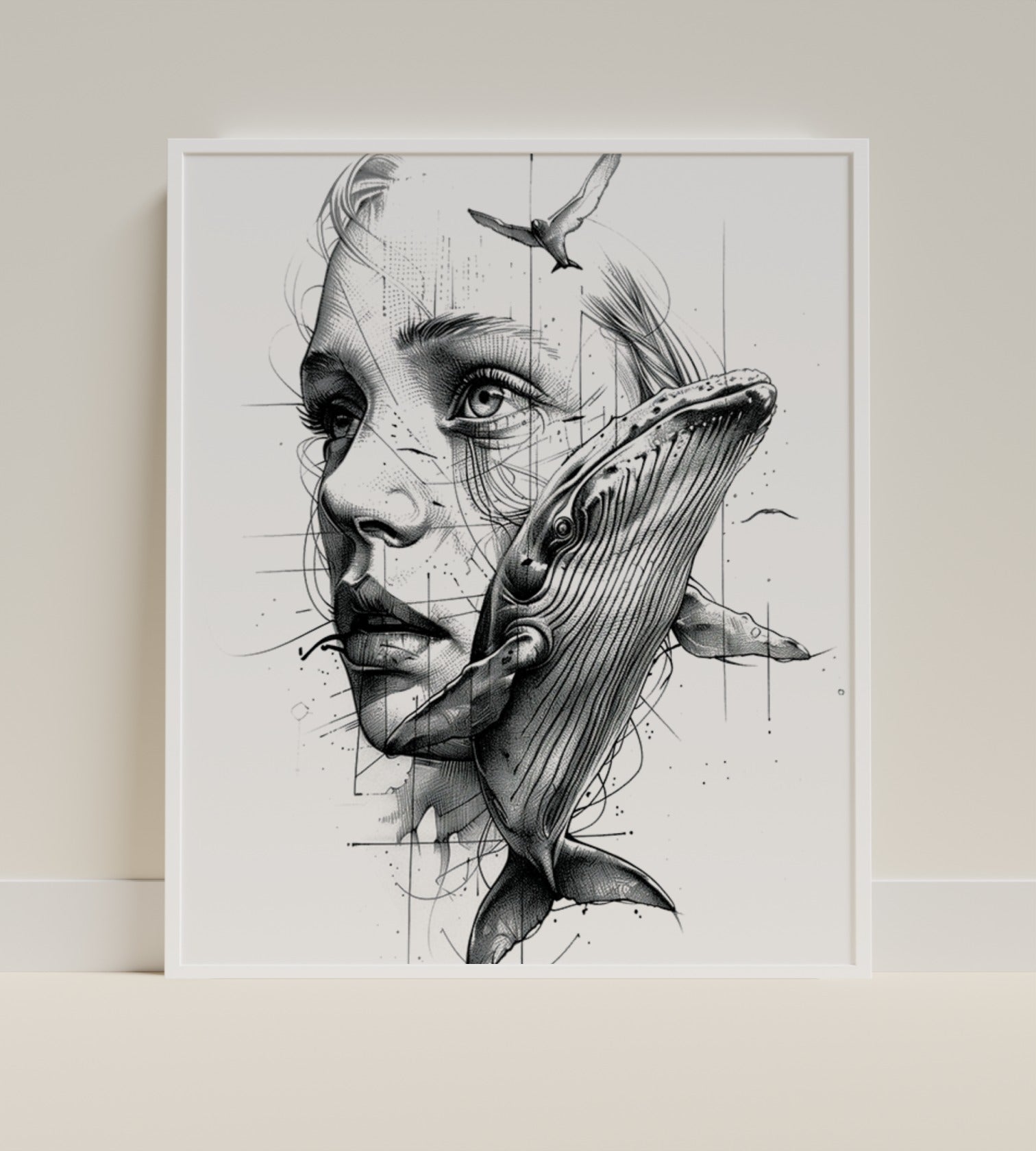 Abstract Woman and Whale Sketch Art Poster for Interior Decor