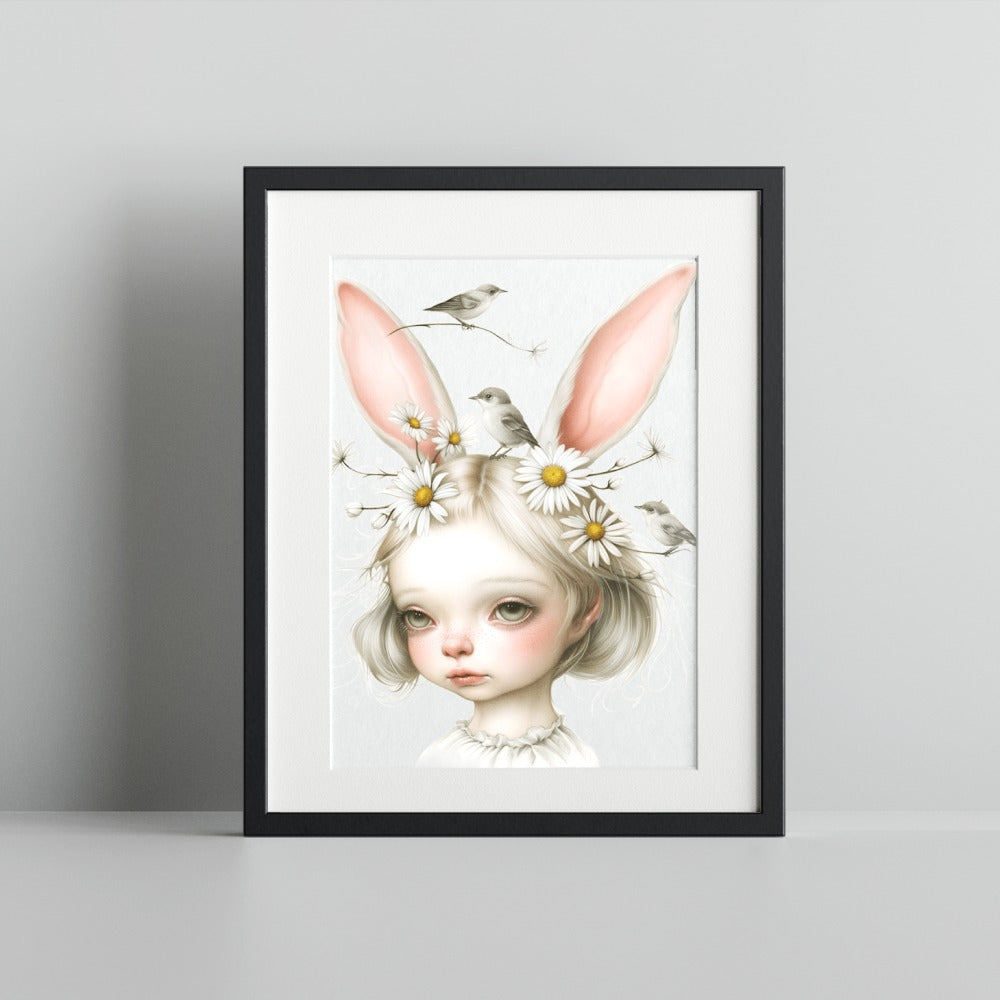 Whimsical Girl with Bunny Ears and Birds Art Print