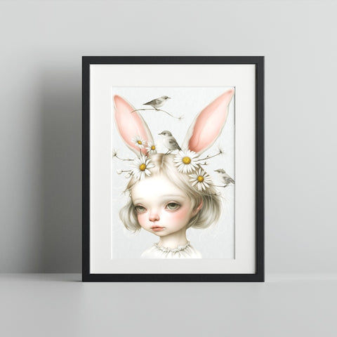 Whimsical Girl with Bunny Ears and Birds Art Print