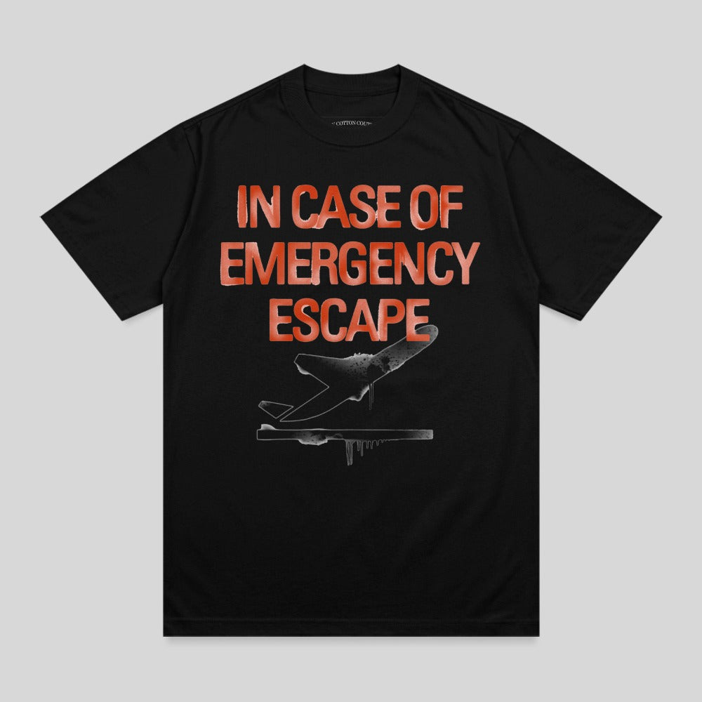 Black t-shirt with "IN CASE OF EMERGENCY ESCAPE" and airplane graphic.