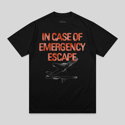 Black t-shirt with "IN CASE OF EMERGENCY ESCAPE" and airplane graphic.