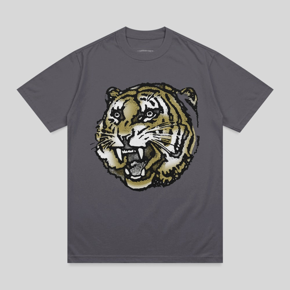 Graphic t-shirt with snarling tiger head in yellow and black.