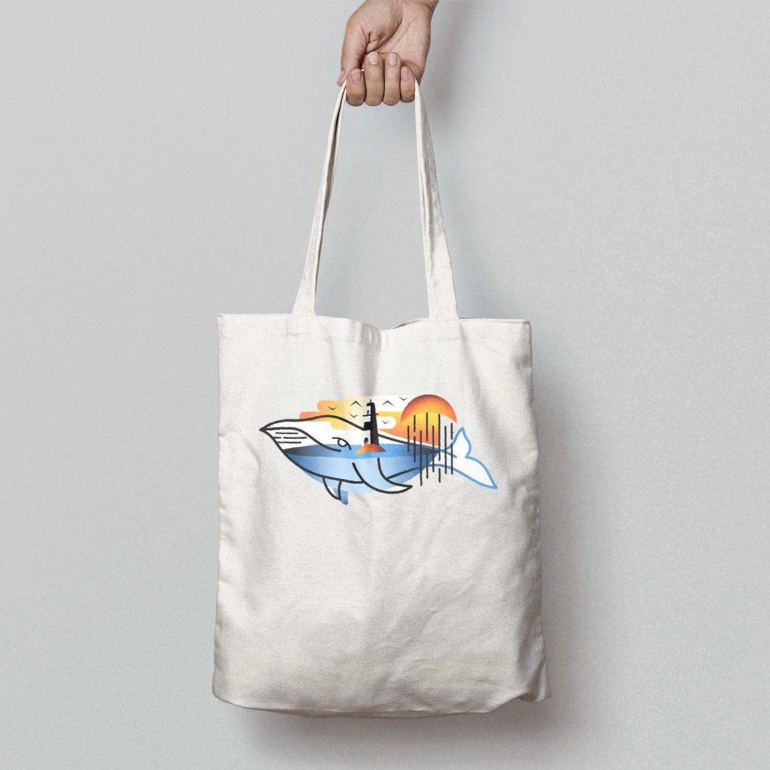 Whale and Lighthouse Sunset Tote Bag