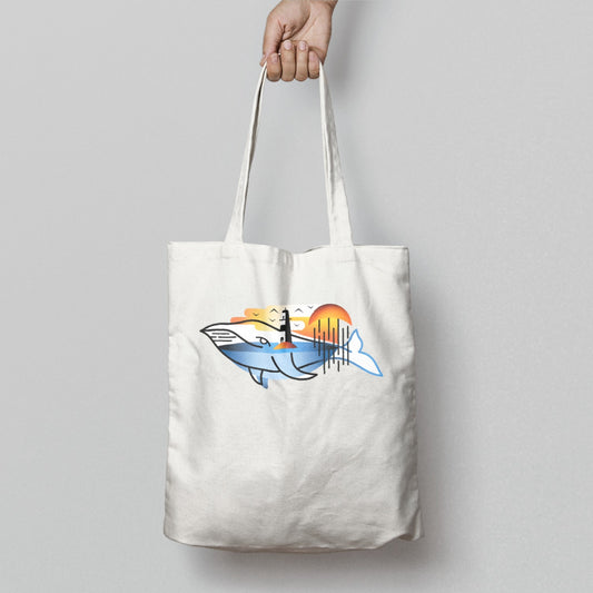 Whale and Lighthouse Sunset Tote Bag