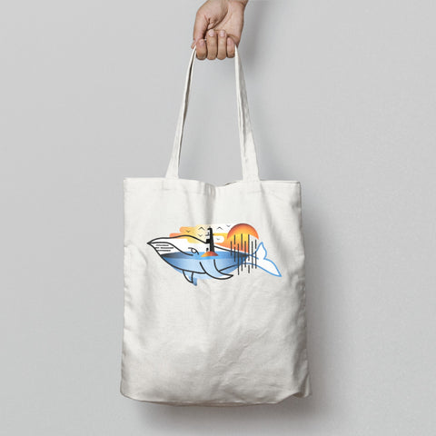 Whale and Lighthouse Sunset Tote Bag