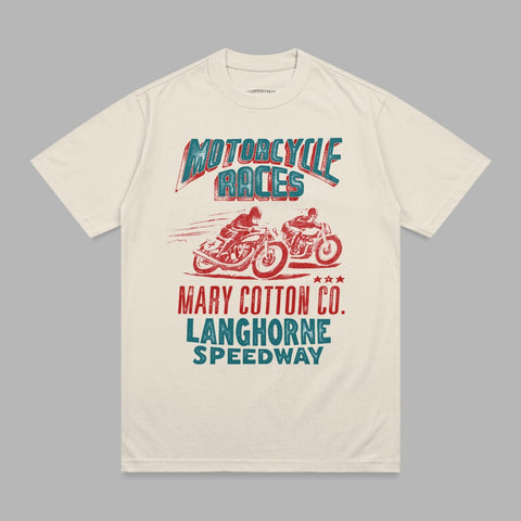 Cream t-shirt with "MOTORCYCLE RACES" and "MARY COTTON CO. LANGHORNE SPEEDWAY" text.