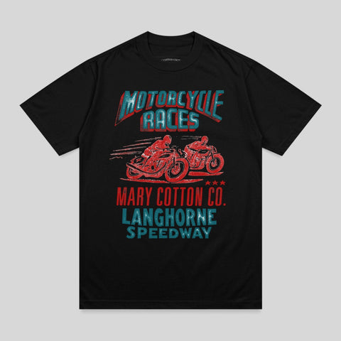 Black t-shirt with "Motorcycle Races" and "Mary Cotton Co. Langhorne Speedway" graphics.