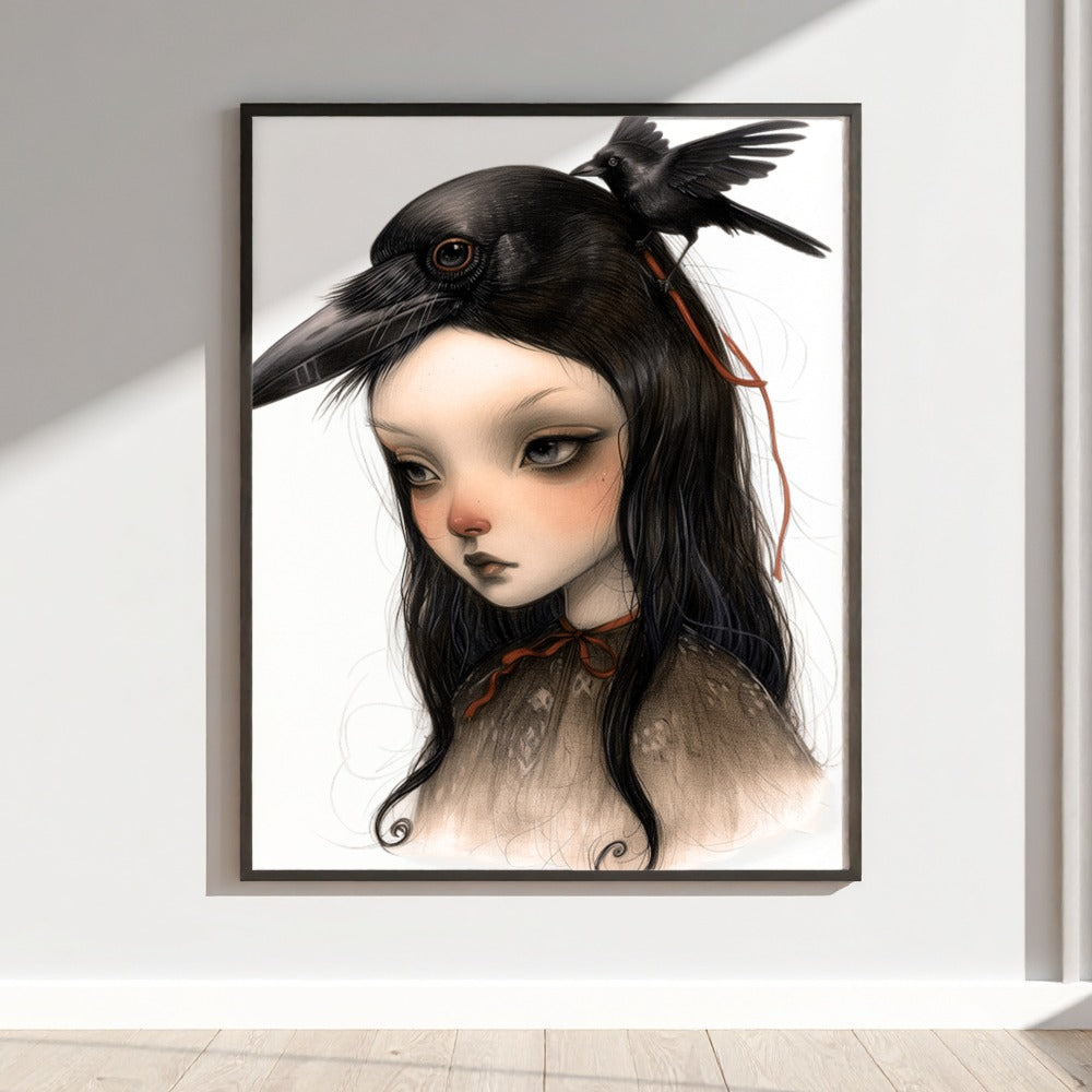 Melancholic Girl with Crow Digital Art Piece