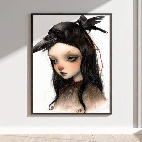 Melancholic Girl with Crow Digital Art Piece