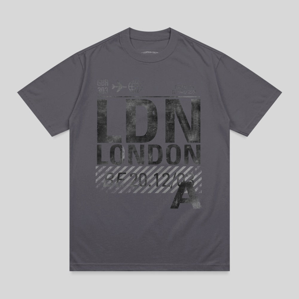 Gray t-shirt with "LDN LONDON" text and airport-style markings.