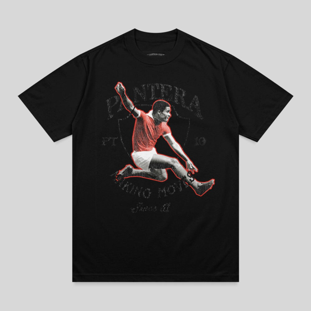 Black t-shirt with distressed graphic of a soccer player in red.