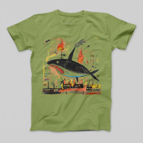 Colorful Art Shark Design on Green T-Shirt Product