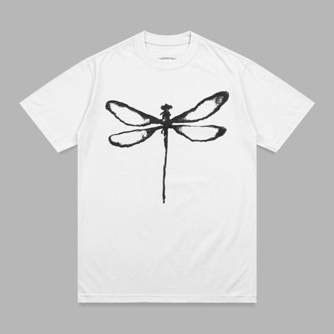White t-shirt with a black, stencil-like dragonfly graphic.