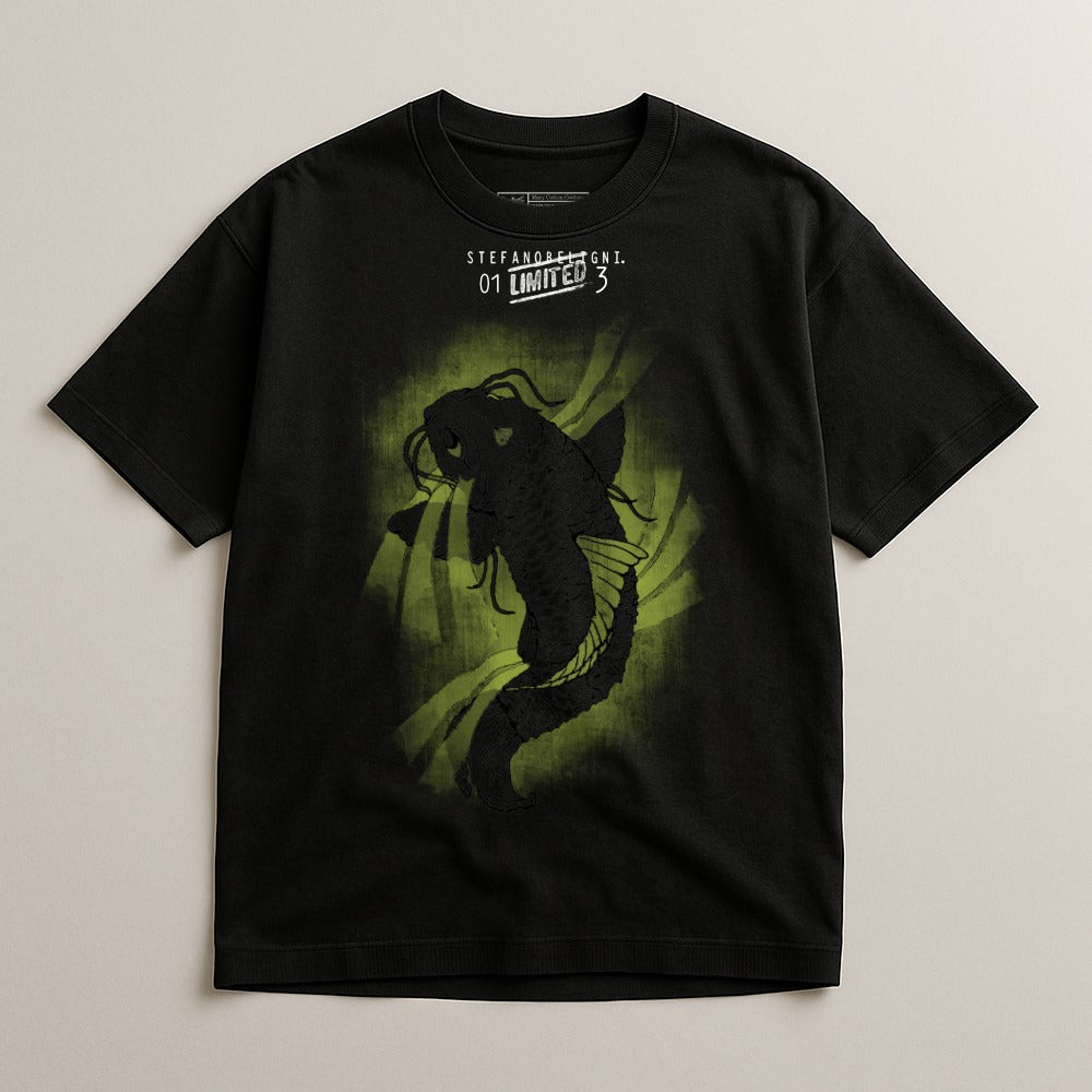 Black T-Shirt Featuring Artistic Fish Design