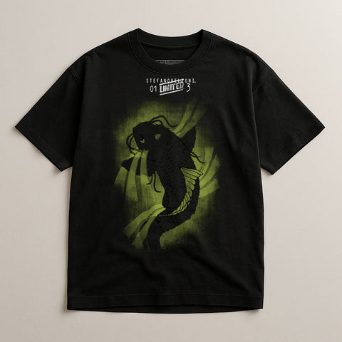 Black T-Shirt Featuring Artistic Fish Design