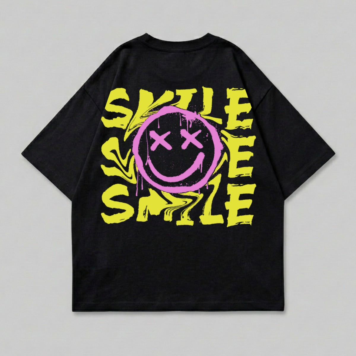 Black Neon Pink Yellow Distressed Smiley Face Graphic T-shirt product type
Black T-shirt, Smiley Face, Neon Graphic, Pink Yellow, Distressed Art, Grunge Style, Streetwear Top, Graphic Tee, Oversized Fit, Aesthetic Design, Back Print, Casual Apparel, Cool Tee, Unique Print, Bold Design, Modern Fashion, Youth Style, Trendy Shirt, Edgy Look, Pop Art