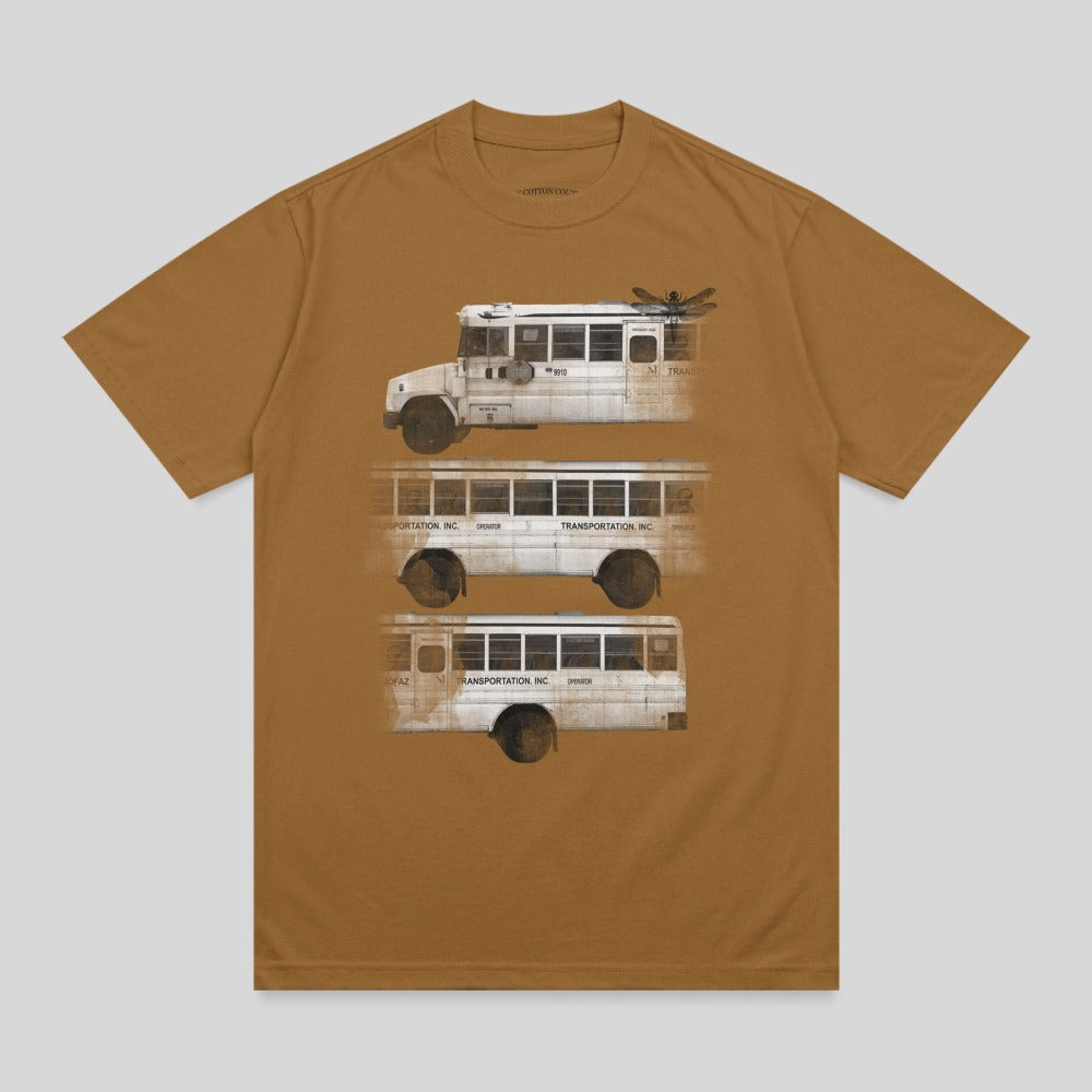 Three stacked white buses with "Transportation, Inc." text and a dragonfly.