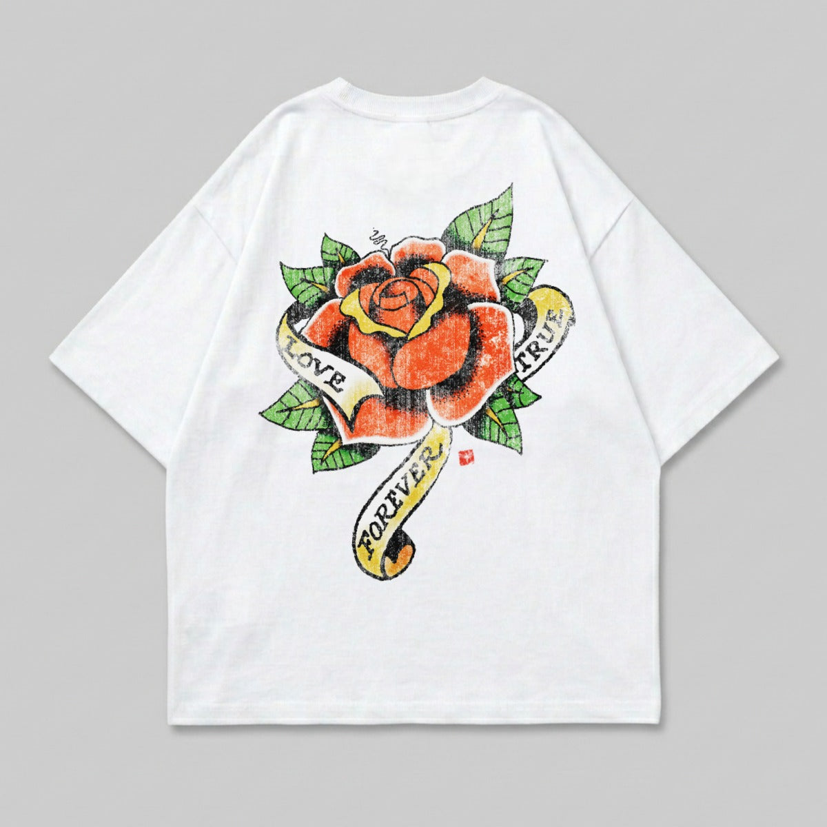 T-shirt with a distressed red rose and a banner reading "Forever Love True".