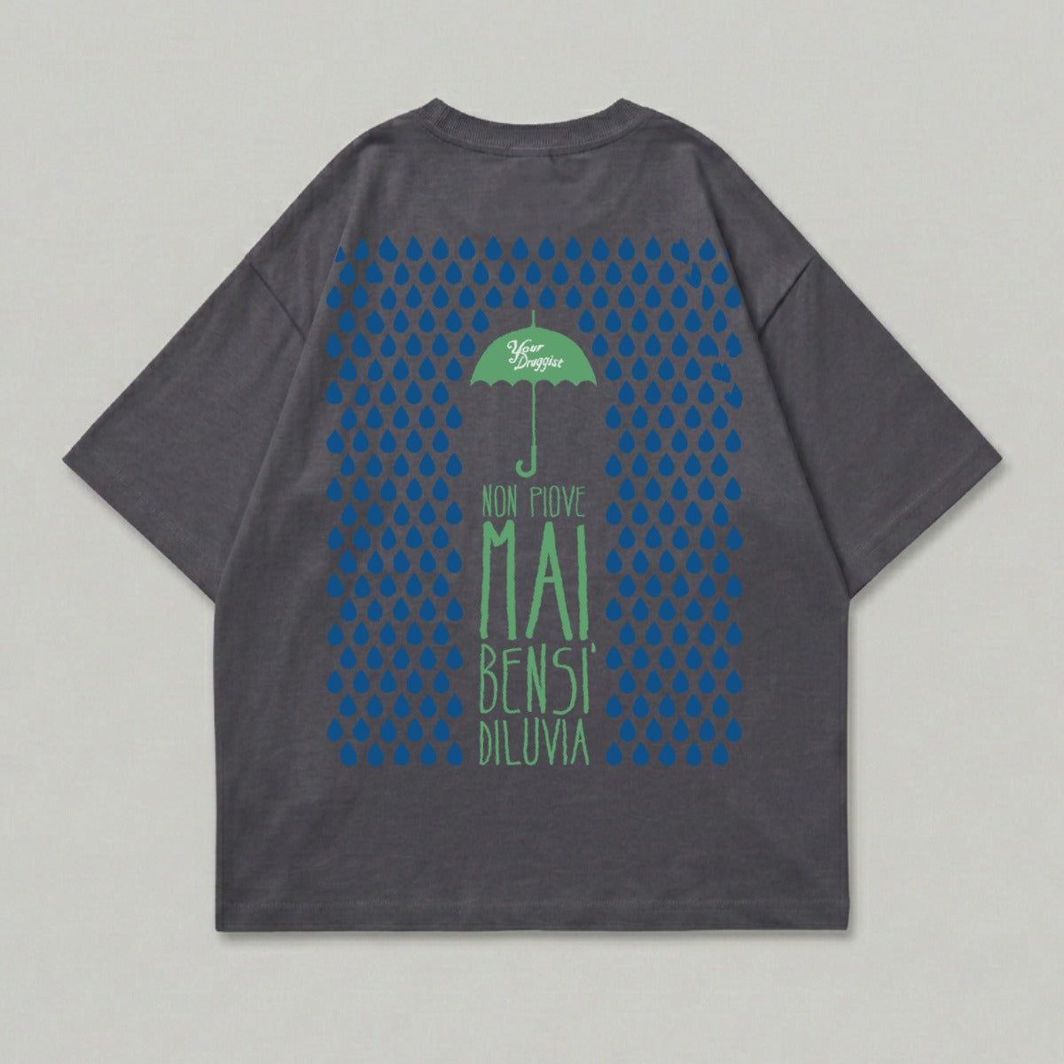 Grey t-shirt with green umbrella and blue rain graphic.