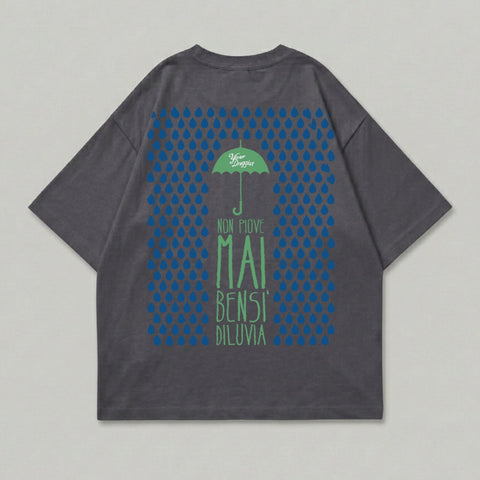 Grey t-shirt with green umbrella and blue rain graphic.