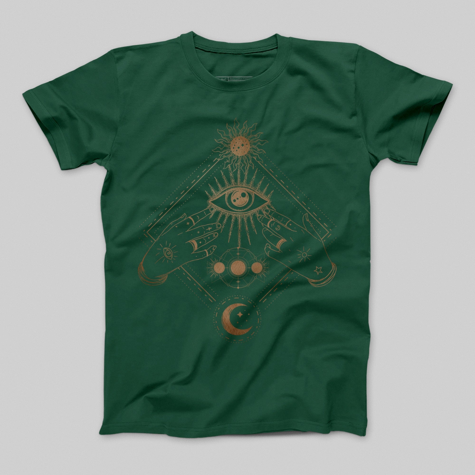 Mystical Eye and Hands Graphic Green T-shirt