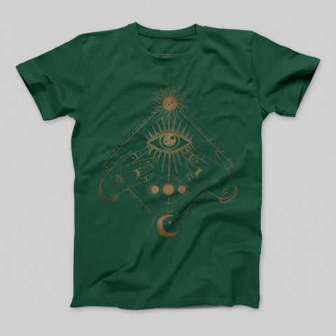 Mystical Eye and Hands Graphic Green T-shirt