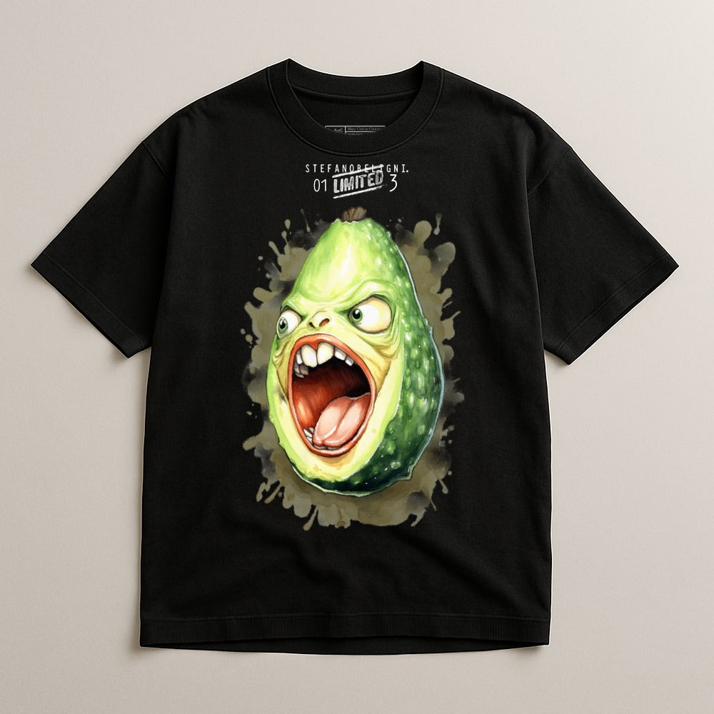 Green avocado character with wide mouth and big eyes on a black t-shirt.