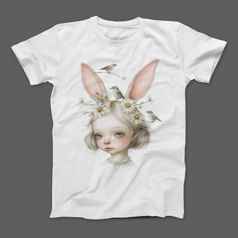 Whimsical Girl with Bunny Ears and Birds Graphic T-Shirt