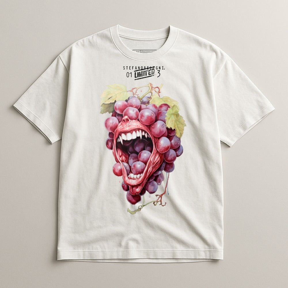 T-shirt with surreal grape cluster face art and "01 LIMITED 3" text.