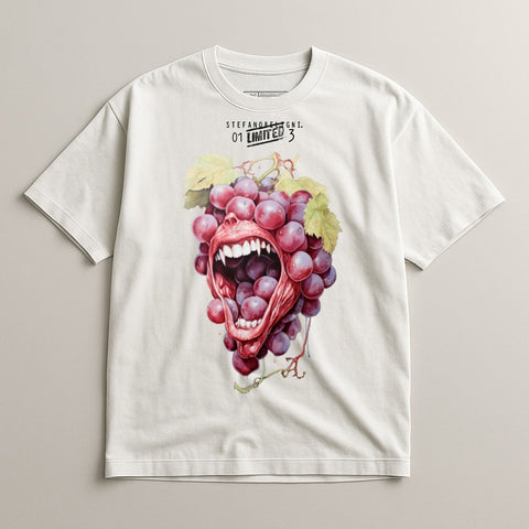 T-shirt with surreal grape cluster face art and "01 LIMITED 3" text.