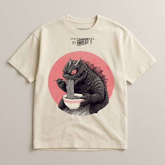 Monster Eating Ramen Graphic on White Unisex T-Shirt