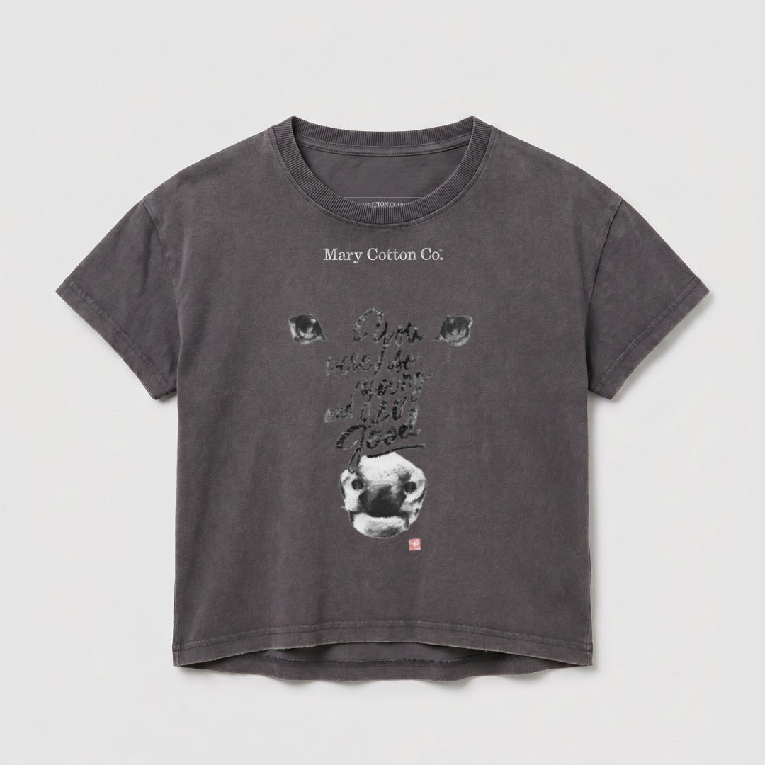 Dark grey t-shirt with a distressed graphic of a cow's face and text.