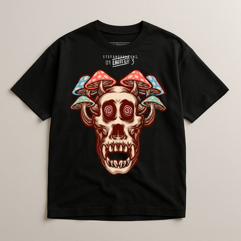 Black T-shirt with Skull and Mushroom Graphic Print