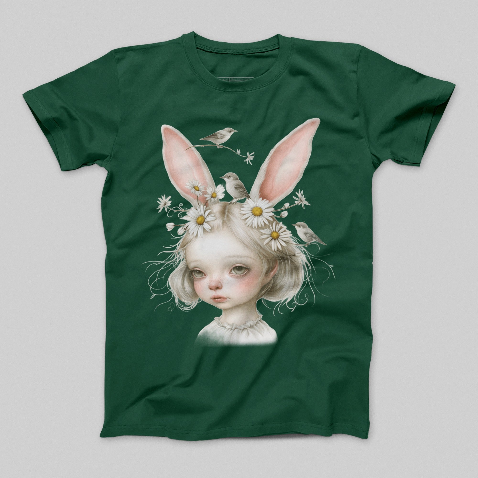 Whimsical Bunny Eared Girl with Birds and Flowers T-Shirt