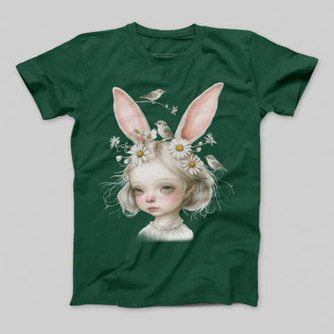Whimsical Bunny Eared Girl with Birds and Flowers T-Shirt