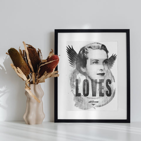 Vintage Angelic Woman Art with Loves Typography Print