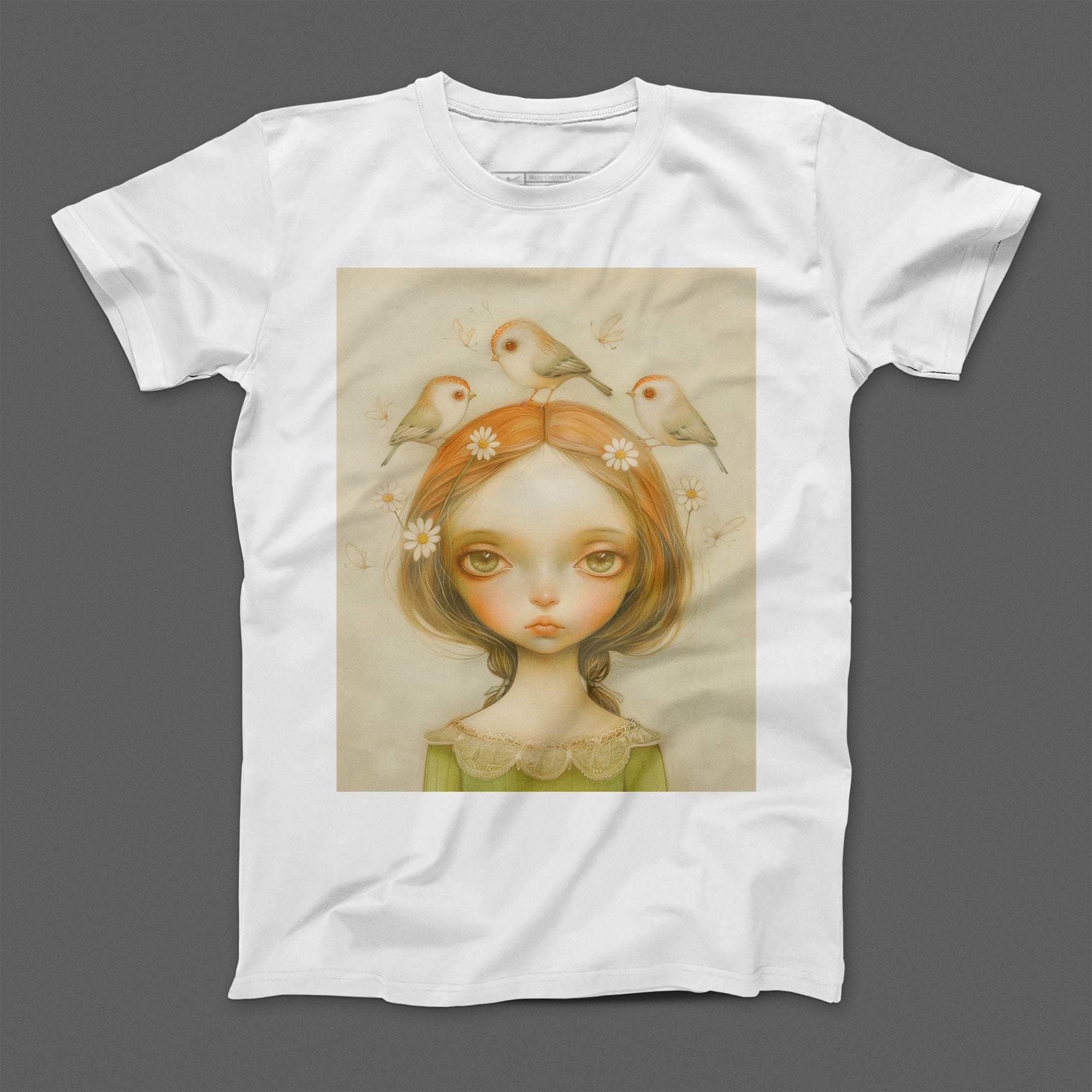 Whimsical Girl with Birds and Flowers illustration t-shirt