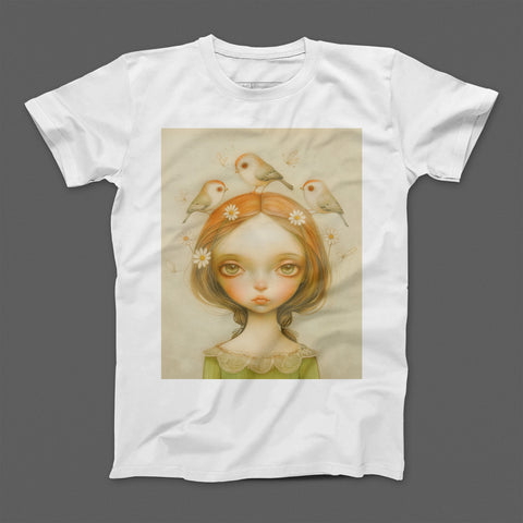 Whimsical Girl with Birds and Flowers illustration t-shirt