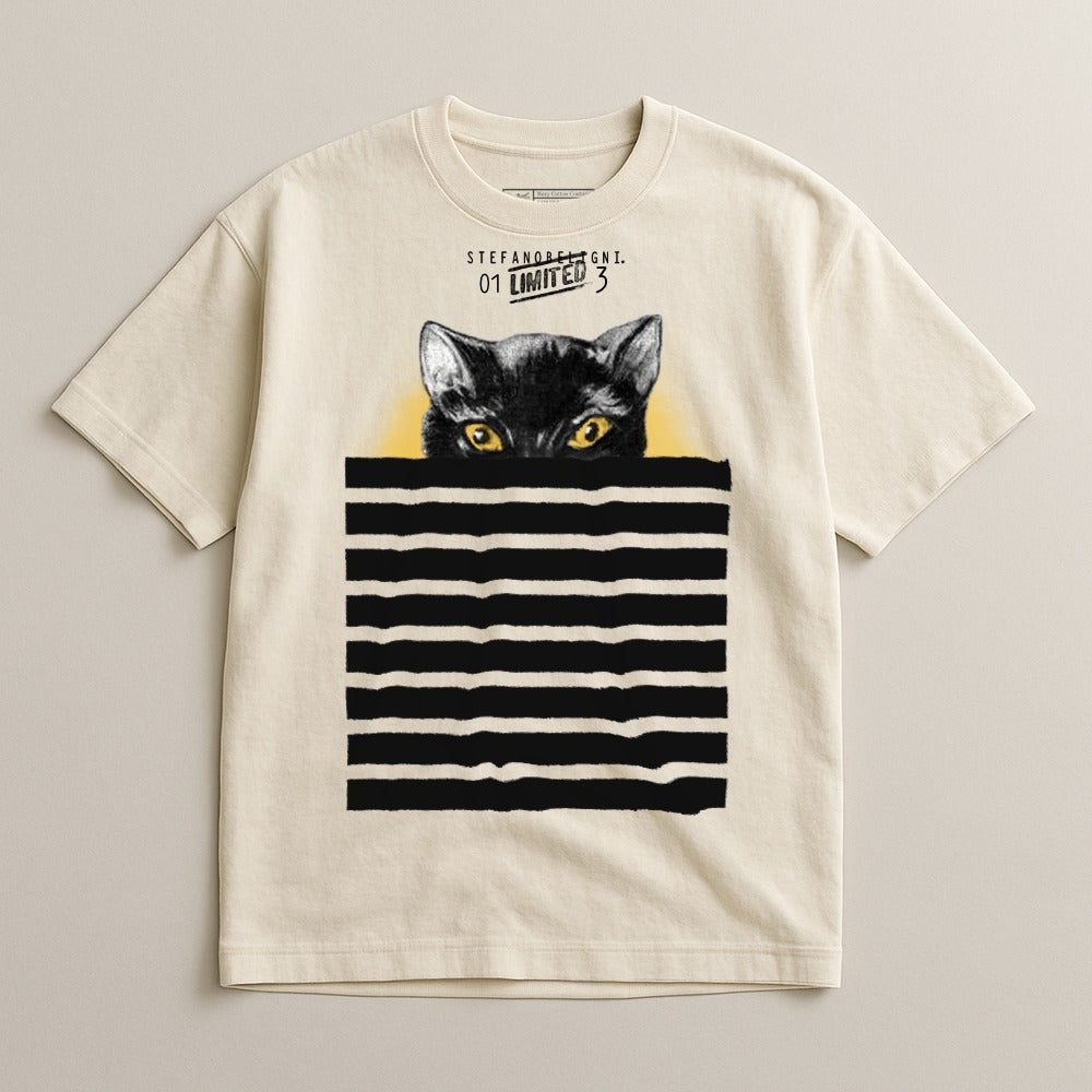 Mysterious Cat Peeking Behind Stripes Graphic T-Shirt