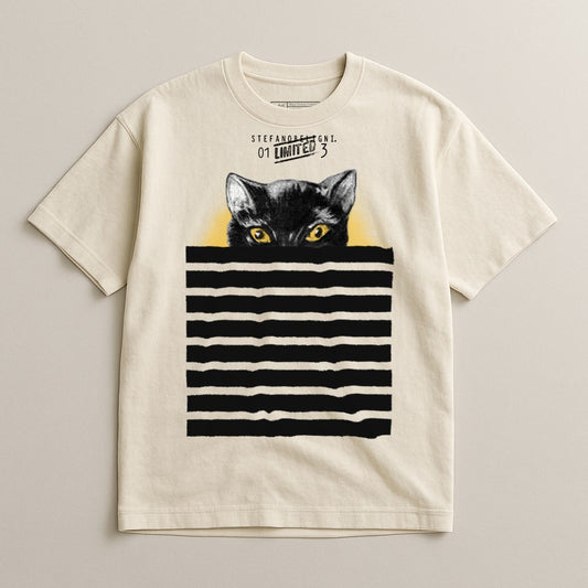 Mysterious Cat Peeking Behind Stripes Graphic T-Shirt