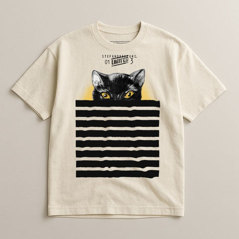 Mysterious Cat Peeking Behind Stripes Graphic T-Shirt