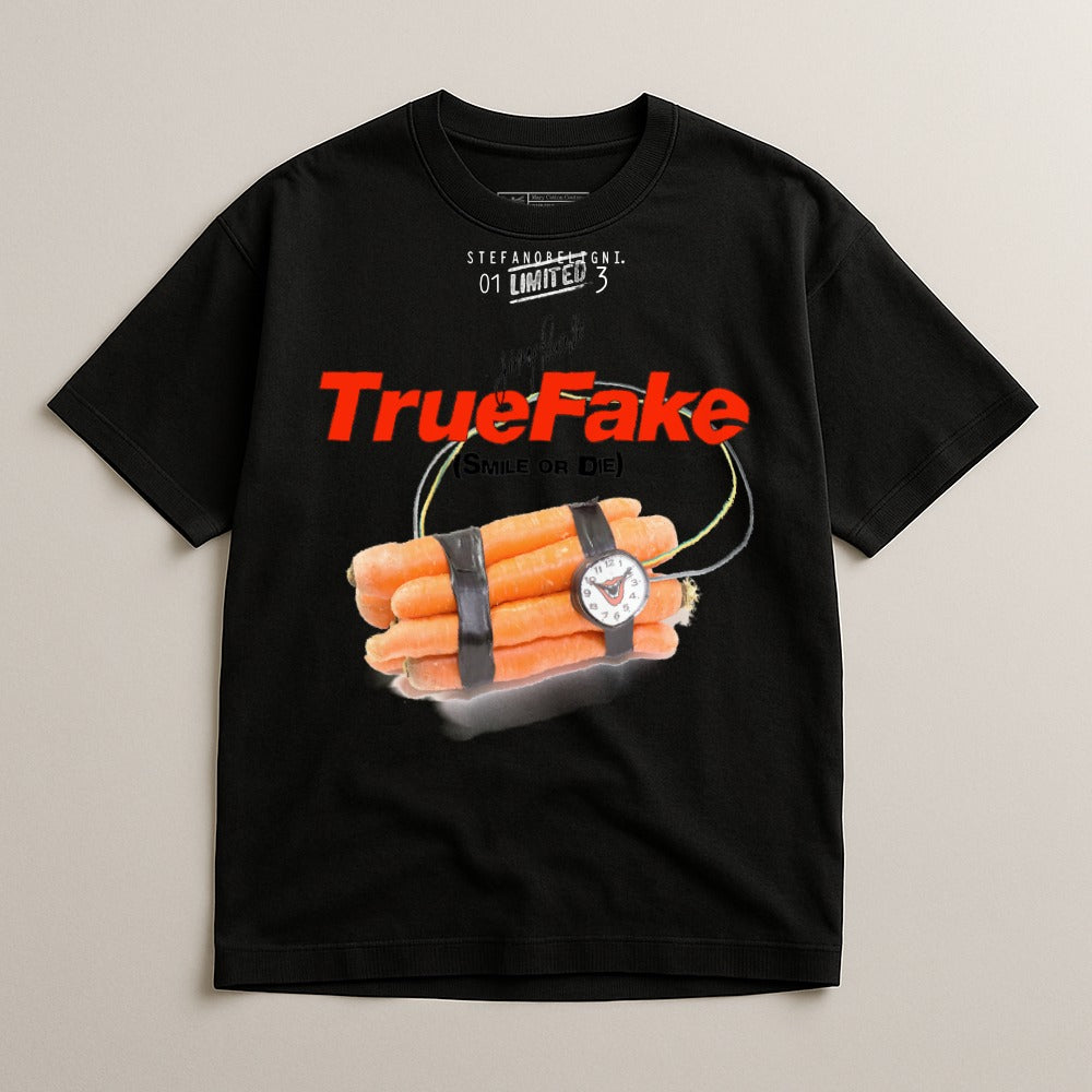Black t-shirt with "TrueFake" logo and a bundle of carrots with a fuse.