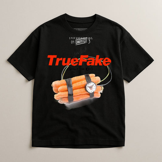 Black t-shirt with "TrueFake" logo and a bundle of carrots with a fuse.